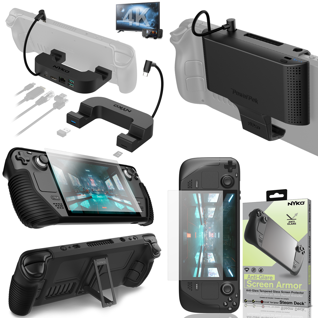A collection of accessories for the Steam Deck console including a USB-C expansion dock, an attachable battery pack, a protective console cover, and an Anti-Glare screen protector