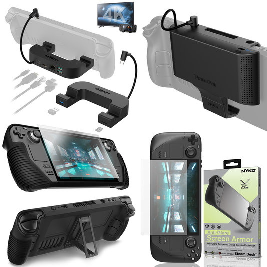 A collection of accessories for the Steam Deck console including a USB-C expansion dock, an attachable battery pack, a protective console cover, and an Anti-Glare screen protector