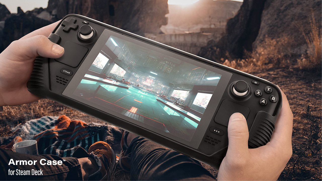 A photo depicting a person camping, holdiong a Steam Deck console featuring the Armor Case protective cover.