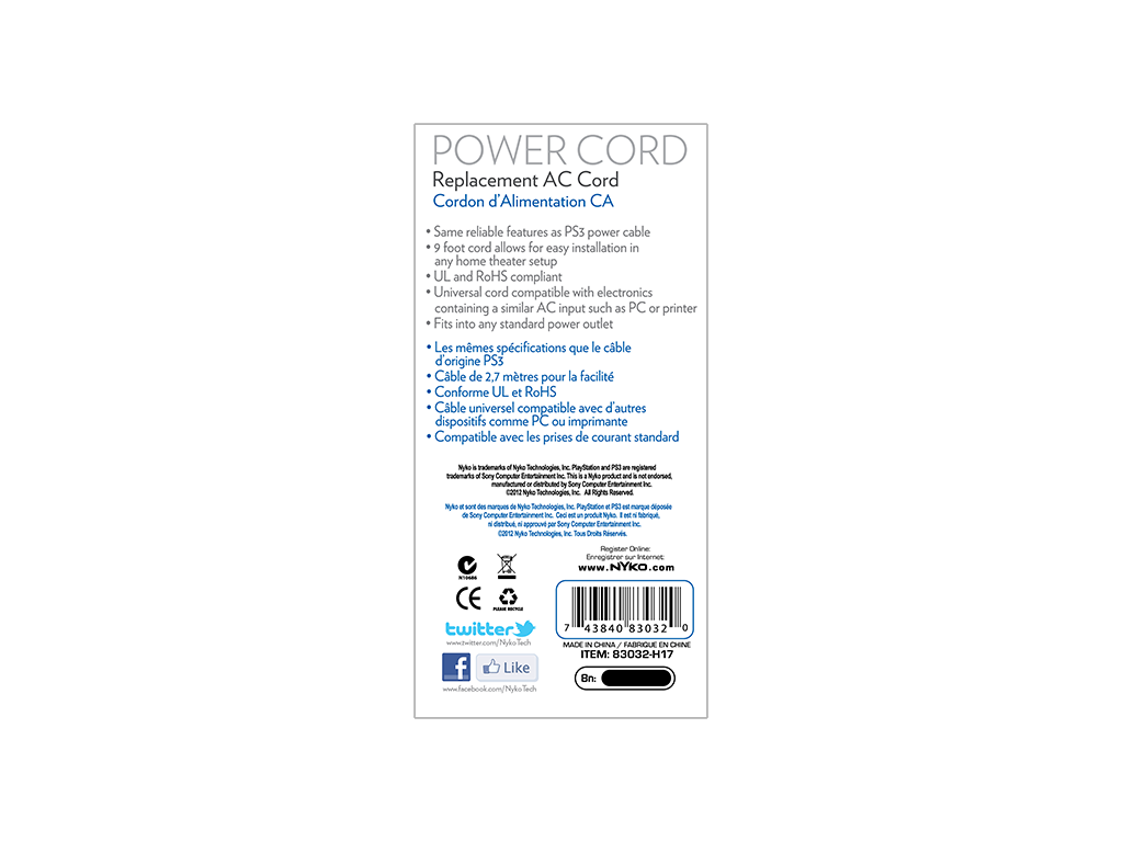 Power Cord for PS3 - box back